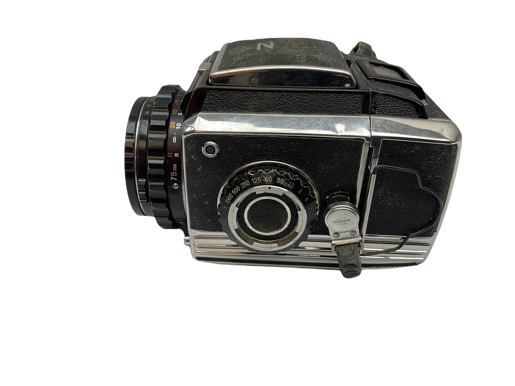 Zenza Bronica S2A medium format camera body, with Nikkor-P '1:2.8 f-75mm' lens, Zenza Bronica Zenzanon MC '1:3.5 f-150mm lens, Zenza Bronica Tele-Converter-E 2x, and two additional film cases. in a Billingham camera bag