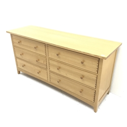 Solid ash chest, six drawers, tapering stile supports, W166cm, H81cm, D52cm