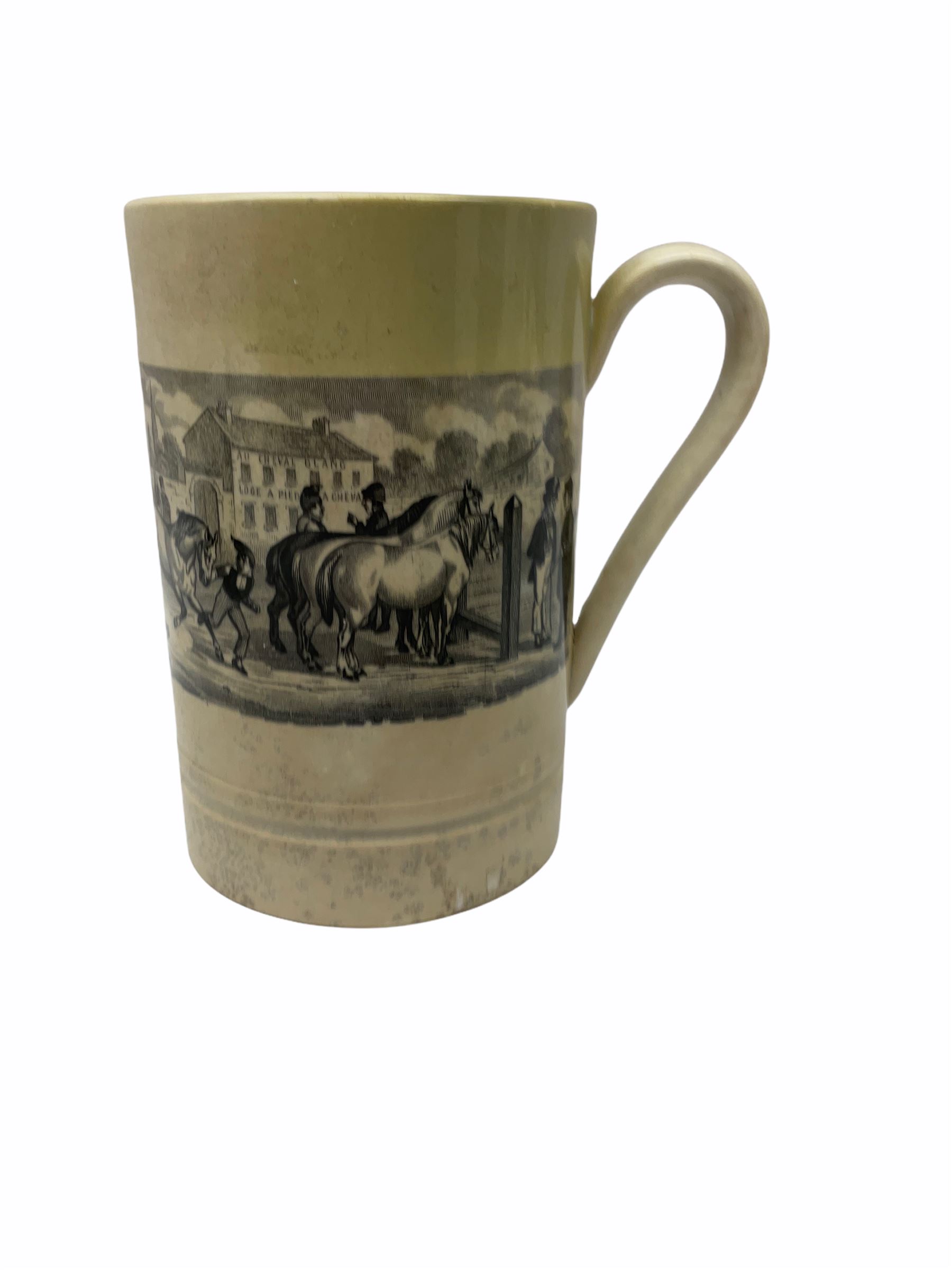 19th century Staffordshire pottery jug, entitled Willie Brewd a Peck o maut, depicting figures in relief, H24cm, a blue and white Victoria Ware Ironstone shaving bowl, L27.5cm, and a 19th century French Sarranguimes tankard with black transfer printed band depicting figures and horses, H17cm
