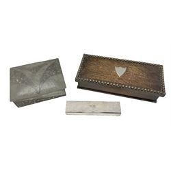 Edwardian oak cigarette box with vacant silver-plate shield plaque with softwood lining, L26cm H6cm, early to mid 20th century planished pewter cigar box and a silver plated matchstick box stamped S. Wiskemann, L16cm