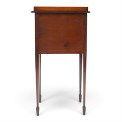 Edwardian mahogany pot cupboard, with three quarter galleried top, single cupboard door, raised on square tapering supports terminating in spade feet