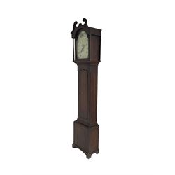 John Bancroft of Scarborough - oak cased thirty-hour longcase clock c1800, swans neck pediment with a recessed break arch door flanked by two pilasters with capitals, trunk with canted corners and long trunk door with a wavy top, rectangular plinth on bracket feet, painted dial with Roman numerals and five minute Arabic’s, matching steel hands and calendar aperture, floral spandrels and conforming artwork to the break arch, chain driven count wheel movement striking the hours on a cast bell. With pendulum and weight.