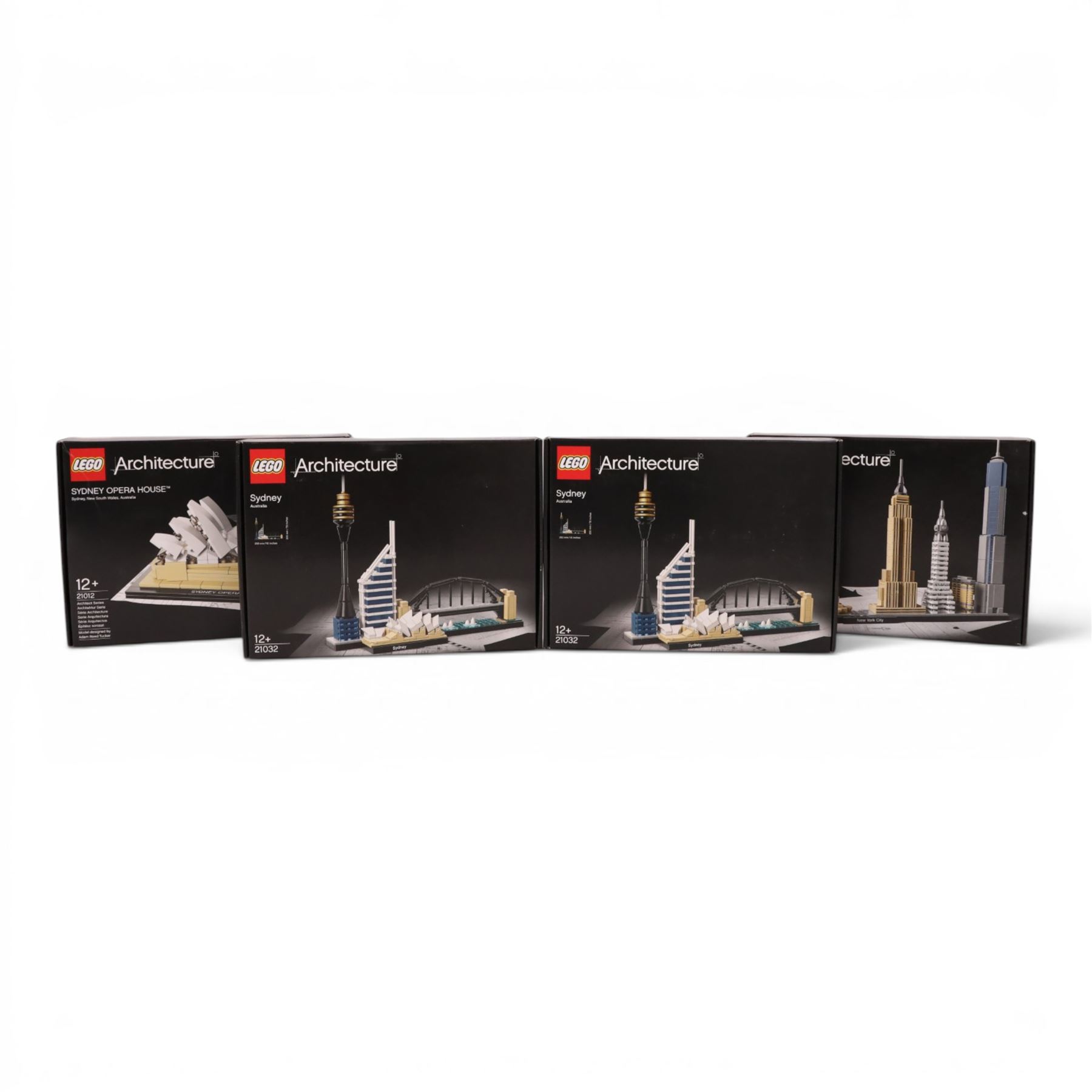 Four Lego Architecture sets, comprising New York City no. 21028, Sydney Opera House no. 21012 and two Sydney sets no. 21032, all boxed, three sealed