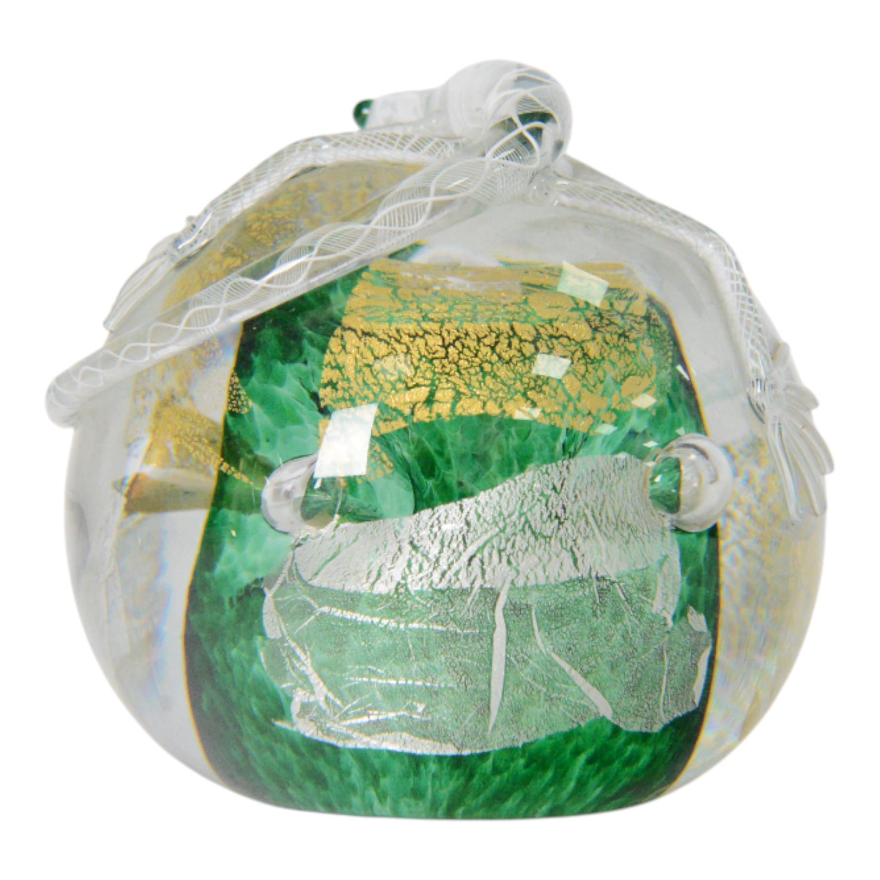 Michael James Hunter Twists Scottish glass paperweight topped with white and green lizard, signed to base, together with Karlin Rushbrooke studio glass,  Wedge Bottle in green and white, bottle H19cm