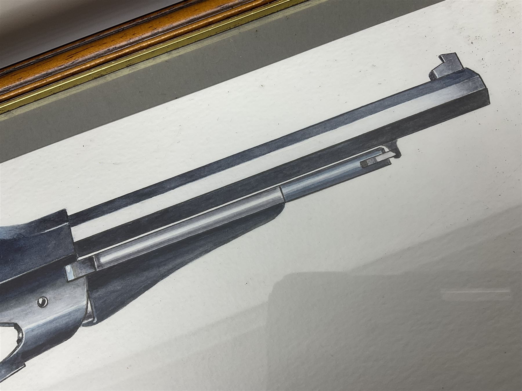 Unmarked Spencer & Rogers type Remington style .44 cal. six-shot percussion revolver, 20cm octagonal barrel with loading lever under, brass trigger guard and two-piece wooden grip L37cm overall; together with a framed watercolour by Alan J. Gray dated 2009 entitled 'The Remington .44 Calibre 1861 Navy Revolver'  19 x 42cm (2)