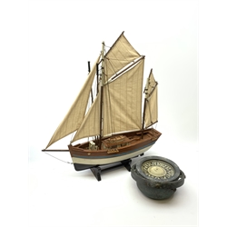 Ship's compass inscribed Cooke Hull Type 1040 No.466, with grey painted case and gimbal mount D20cm including gimbal; together with a wooden model of a ketch on stand L54cm H57cm (2)