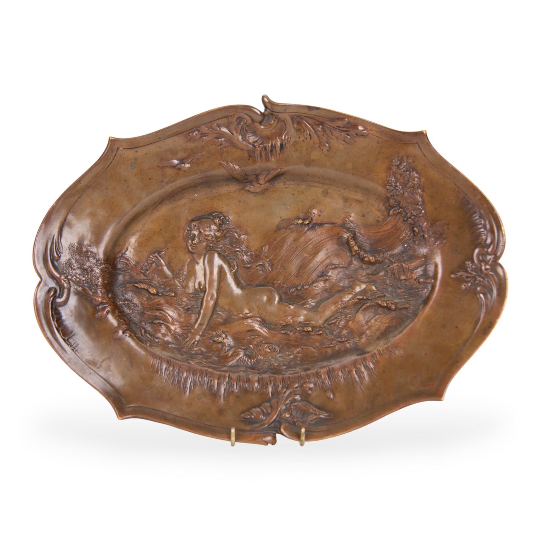 After Charles George Ferville-Suan (French 1847-1925), Art Nouveau bronze dish, of shaped oval form, the centre decorated with a nude female figure reclining amidst waves and holding fish within one hand, in the manner of August Ledru, marked Ferville Suan, W35.5cm
