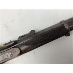 19th century W.J. Penn 29 King Street Soho officer's/volunteers type .577 Snider action gun, the 91cm barrel with three-groove rifling and three barrel bands, full walnut stock with chequered grip and fore-end, brass fittings and leather sling L140cm