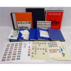  Collection of British and World stamps in albums and on album pages including Windsor 'Great Britain' stamp album, China, Japan, Queen Victoria Leeward Islands, Antigua, Falkland Islands Dependencies etc, in one box  