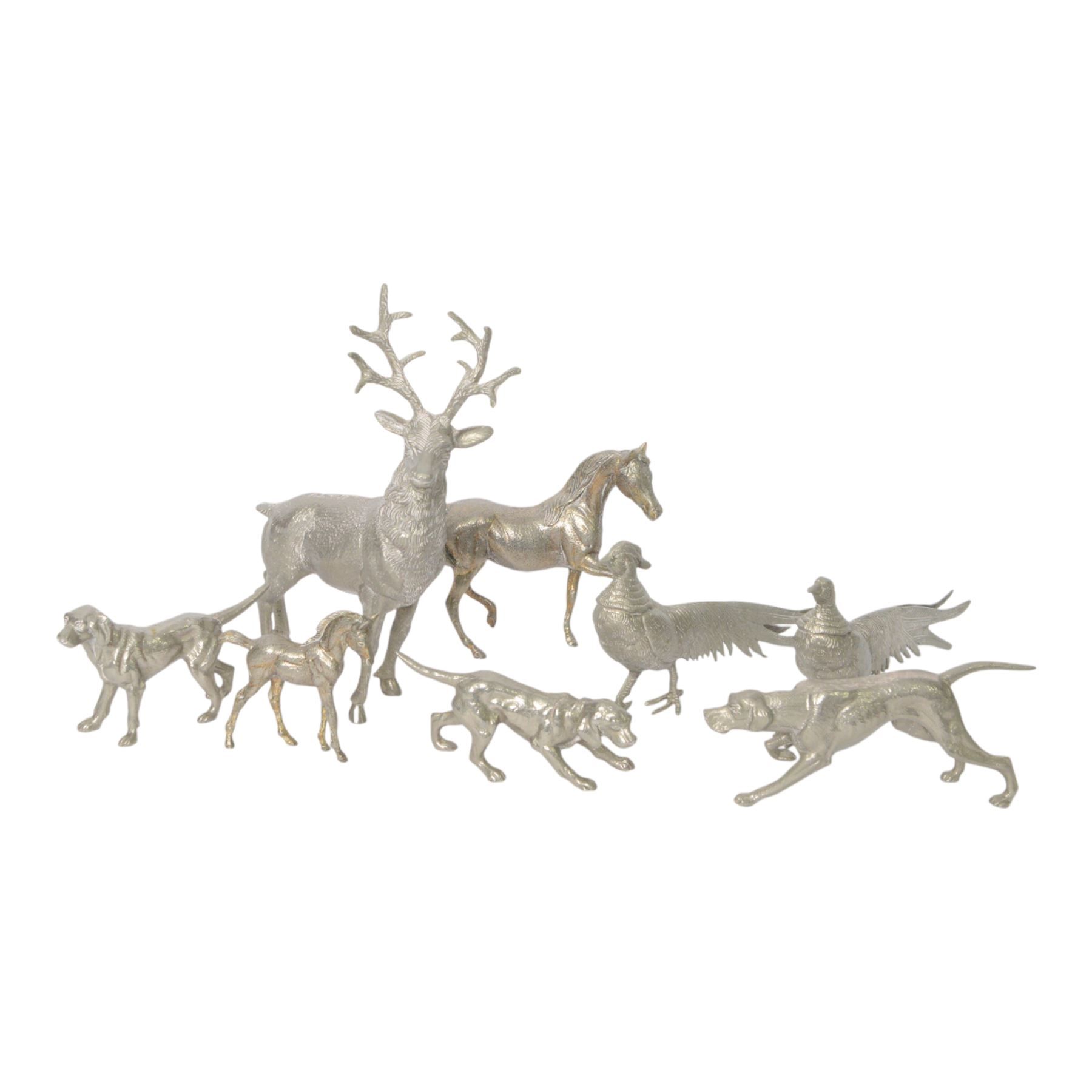 Silver plated Stag, together with cock and hen pheasant, hounds and other animals 