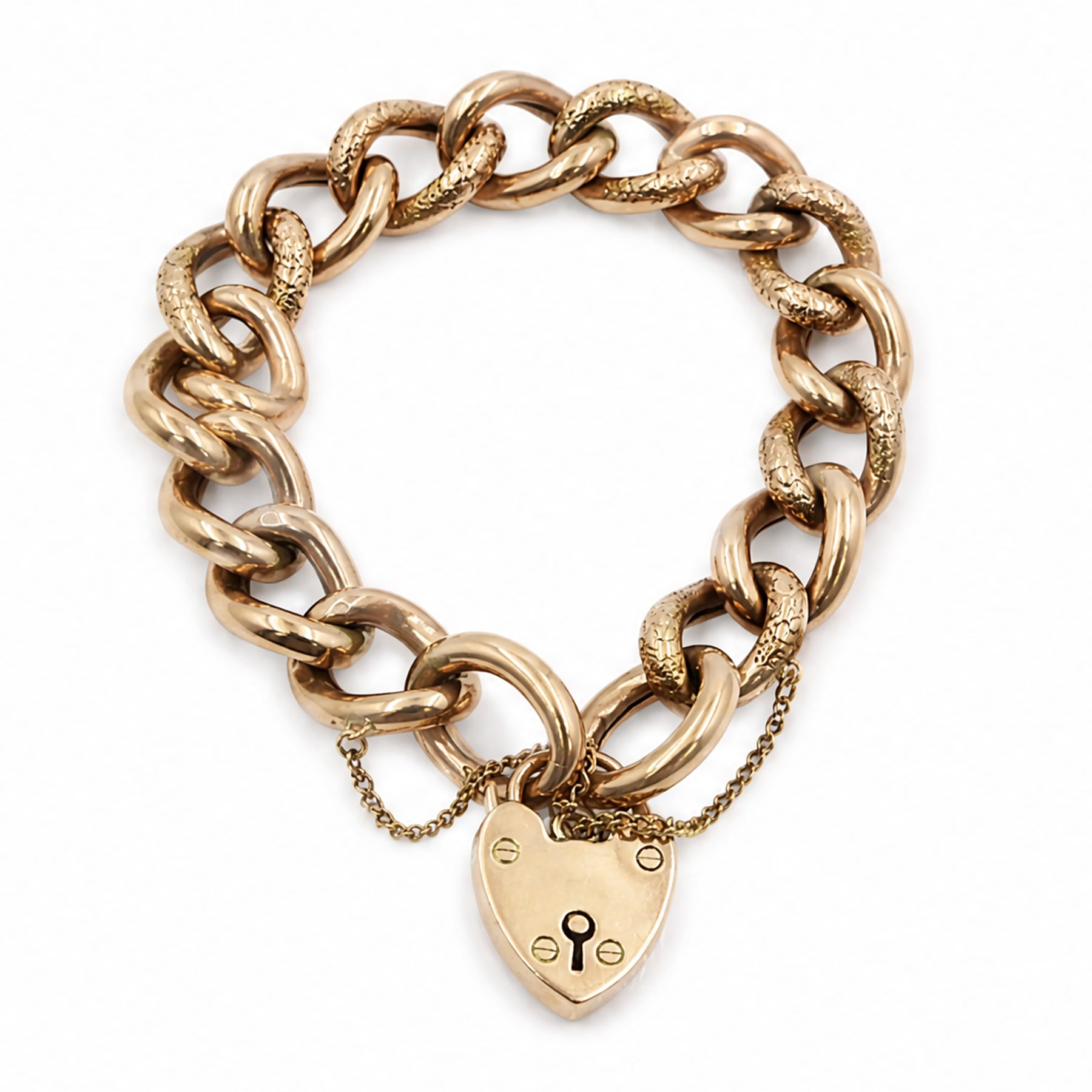 19th/ early 20th century rose gold bracelet, polished and embossed links with heart padlock clasp, stamped B&S 9ct
