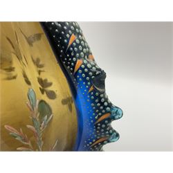 Pair of 19th century glass vases in the style of Auguste Jean, of bulbous form with lobed rim and applied blue glass zoomorphic handles, painted with enamel flowers, dragonflies and swans, upon four blue glass feet, H26cm