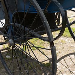 Victorian Bath Chair / Invalid Carriage Converted for Horse Drawn Use

A Victorian bath chair or invalid carriage, later converted for horse drawn use, with black painted bodywork, blue side panels, folding black leather hood and upholstered single passenger seat. The carriage is fitted with large rear wire spoked wheels, smaller front steering wheels, long shafts, footwell and curved body sides, consistent with a late nineteenth century invalid carriage or bath chair form adapted for pony or light horse use.

Features

Bath chair or invalid carriage form
Later converted for horse drawn use
Folding black leather hood
Single upholstered passenger seat
Deep footwell
Black painted body with blue side panels
Large rear wire spoked wheels
Smaller front steering wheels
Long shafts
Lightweight carriage frame

Dimensions:
Overall length: 380 cm
Body length: 204 cm
Width: 88 cm
Height: 178 cm

Wheel Diameters:
Front wheels: 47 cm
Rear wheels: 88 cm

Seating:
Driver: 1
Passenger: None