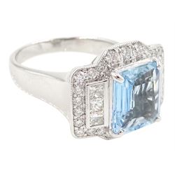 18ct white gold aquamarine and diamond ring, emerald cut aquamarine with princess cut and round brilliant cut diamond surround, stamped 750, aquamarine approx 2.45 carat, total diamond weight approx 0.90 carat