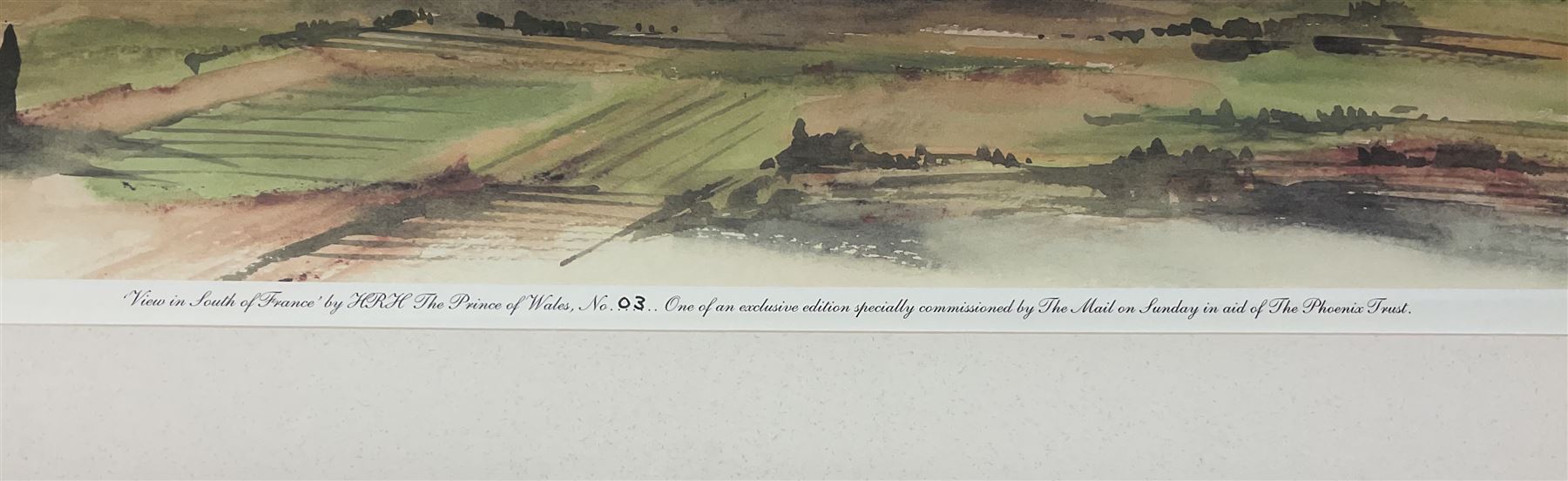 After HRH Charles Prince of Wales (British 1948-):  View in the South of France, limited edition colour print No. 3 pub.2002, certificate verso 23cm x 38cm 