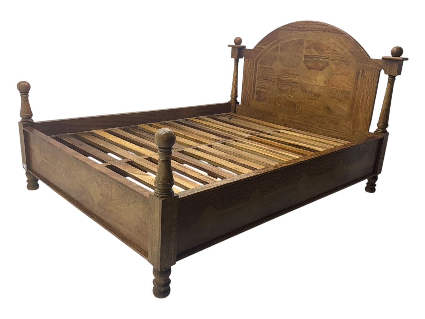Contemporary mango wood bed frame, comprising an arched panelled headboard and footboard with inlaid geometric patterns, turned posts with spherical finials, and complete with side rails and slatted base