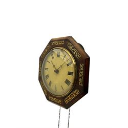 A German 19th century  “Postman’s” weight driven wall clock striking the hours on a gong, with a brass inlaid 14” hexagonal wooden bezel and a 9” painted dial with Roman numerals, minute track and cast brass hands within a spun bezel fitted with a convex glass.  With pendulum no weights .