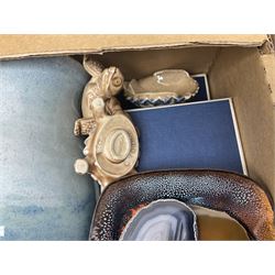 Masons and Furnival Denmark pattern blue and white tea wares, together with a Royal Worcester trinket box, Leedsware bowl and other ceramics and glassware, in four boxes