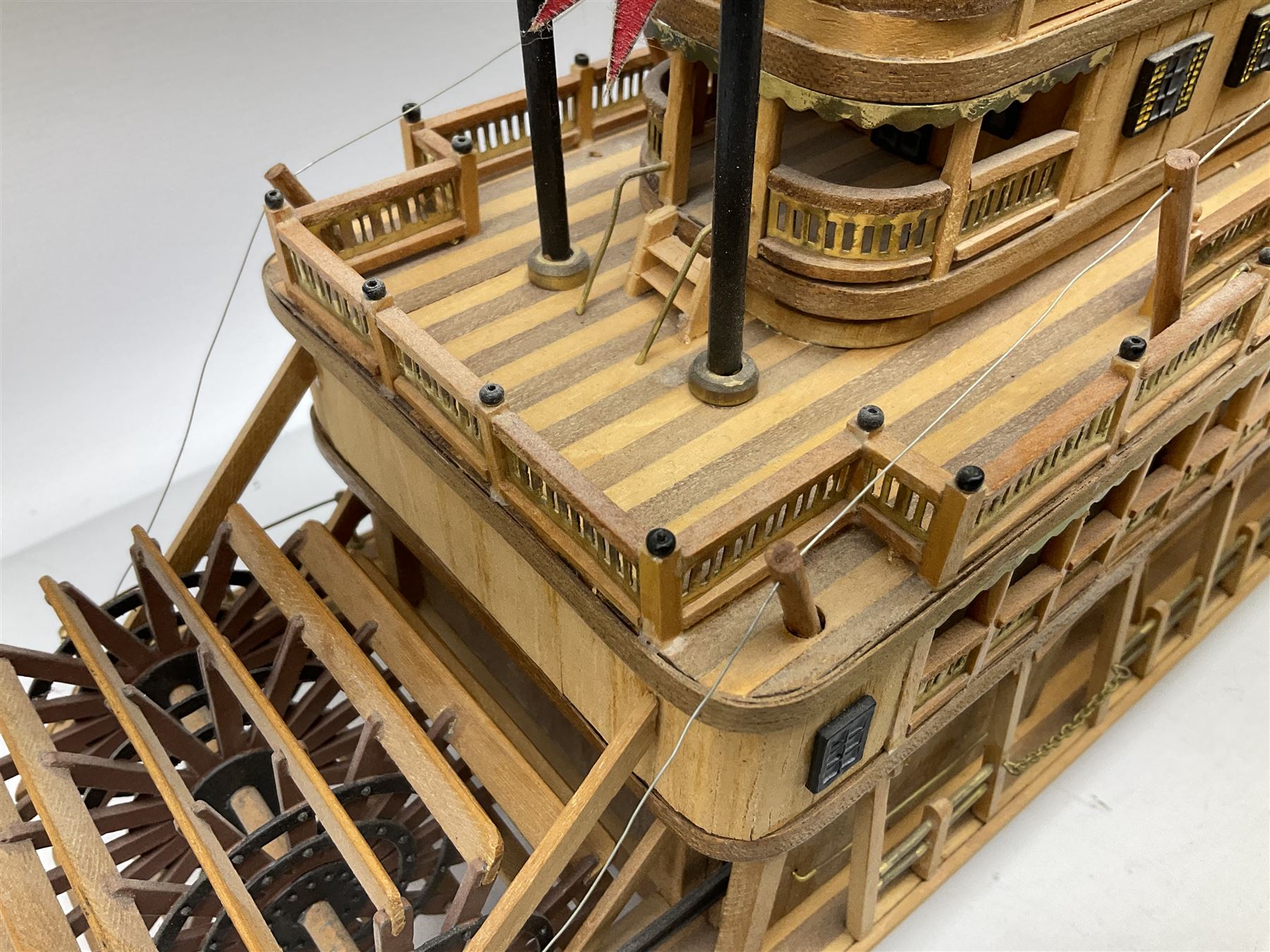 Hand built model of a river paddle steamer 'King of the Mississippi' and a sailing ship with three masts and unfurled sails, largest example H80cm, L101cm