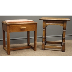 Early 20th century oak stool, upholstered seat with a single drawer on reeded supports, joined by stretchers, (W49cm, H48cm, D34cm), and an oak turned joint table  