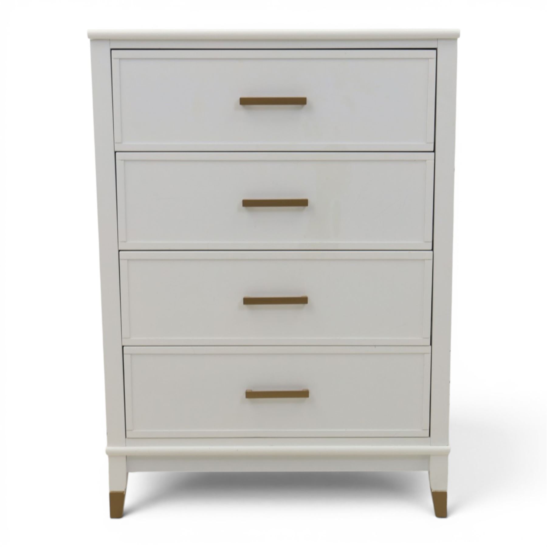 Dorel Home - Modern chest of drawer, white painted rectangular top above, four drawers with bronze metal handles, on tapered supports 