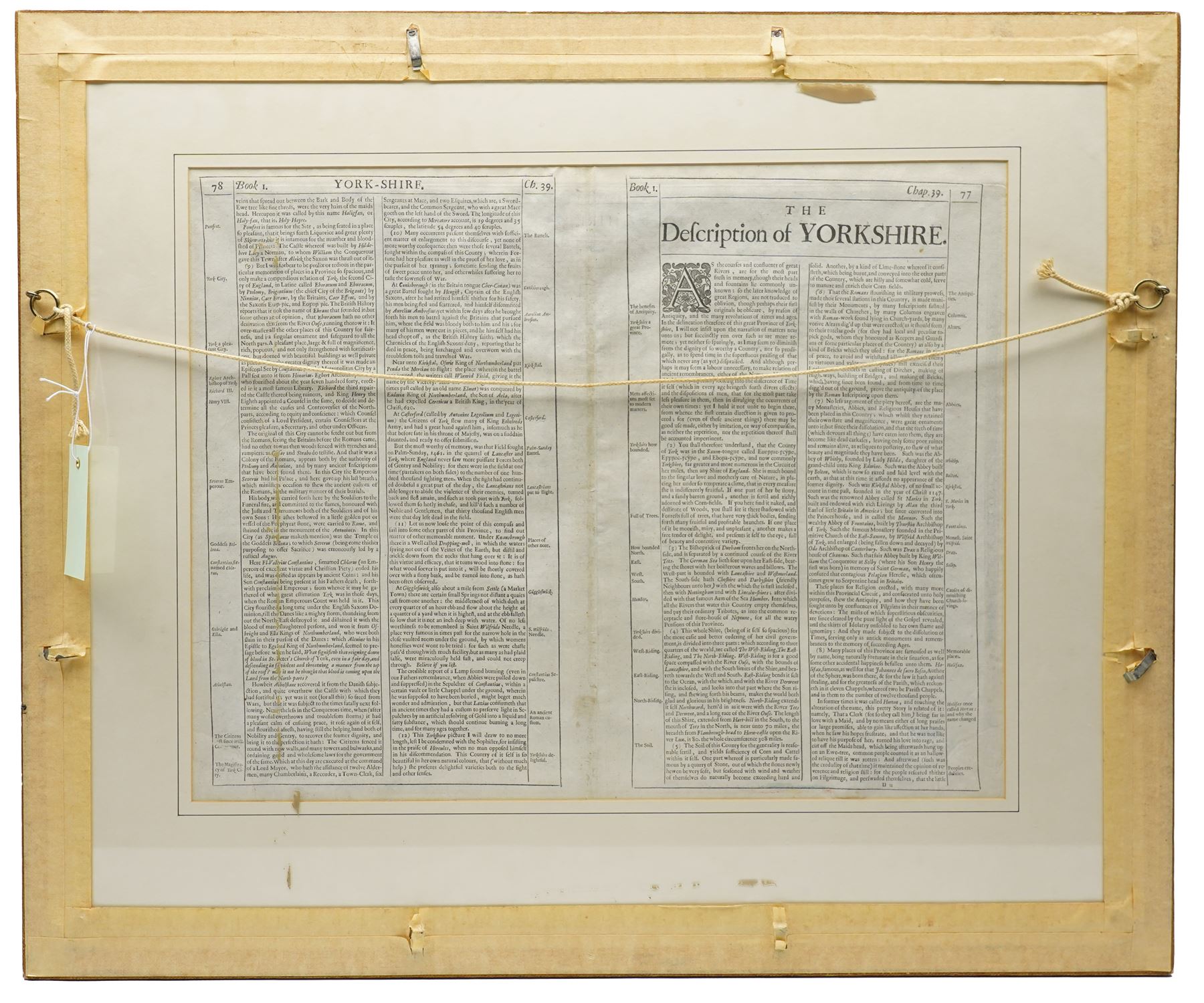 John Speed (British 1552-1629): 'Yorkshire', 17th century engraved map with hand-colouring, English text verso, pub. by Thomas Bassett and Richard Chiswell c.1676, 39cm x 52cm