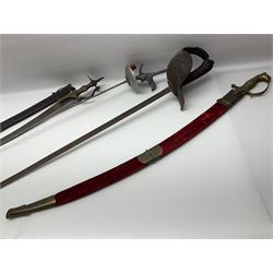Late Victorian British Military gymnasium practice sword with 85.5cm fullered blunt pointed narrow straight blade, pierced bowl guard and chequered wooden grip L103cm overall; Leon Paul fencing foil with shaped grip and touche wiring; and two reproduction Indian tulwar swords with scabbards (4)