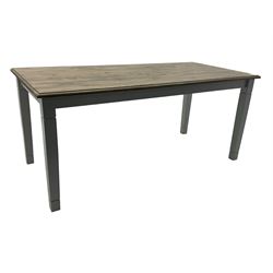 Pine kitchen dining table, rectangular moulded top on painted base, square tapering supports (180cm x 85cm, H78cm); and two matching benches 