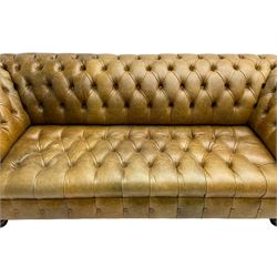 Two seat chesterfield sofa, upholstered in deep buttoned tan leather with studwork border, raised on turned feet