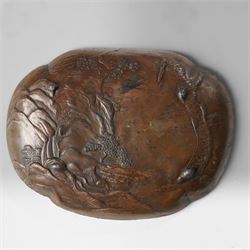 Japanese bronze tray, decorated in relief with two travellers in a landscape, W15cm 