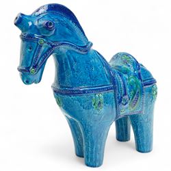 Aldo Londi for Bitossi, Rimini Blu pottery horse, having incised decoration, unmarked, W30cm 