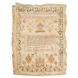 Early 19th century sampler worked by Mary Audley aged 15 years dated 1818, depicting alphabet and numbers above a religious passage, bordered by animals, buildings and insects, unframed, H45cm