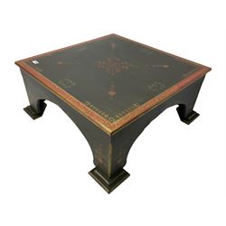 Square painted and gilded low table, arched sides with stepped feet