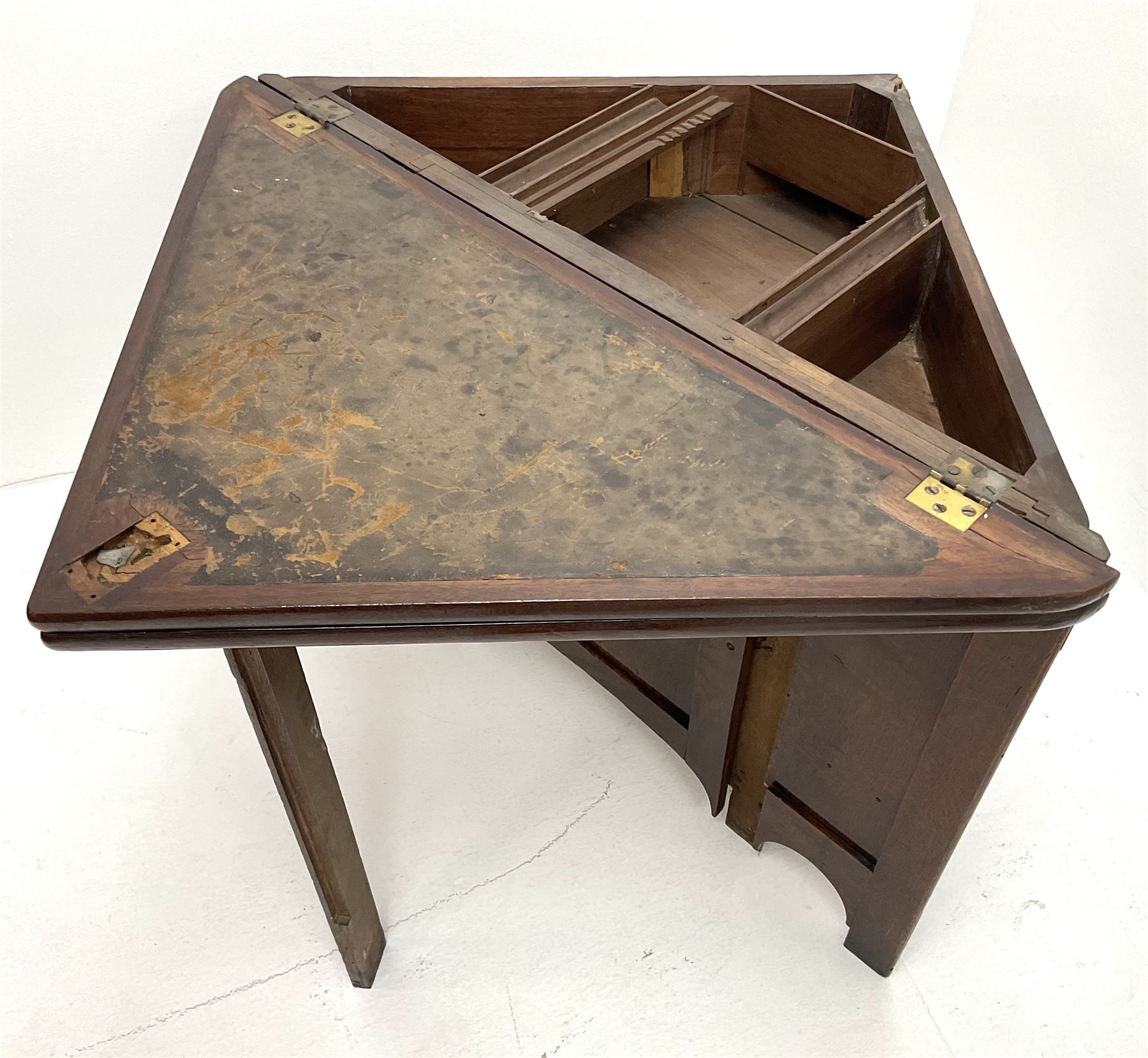 George III oak and mahogany corner campaign desk, single cupboard, folding top enclosing inset leather writing pad

