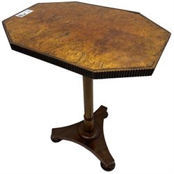Simkin of London - 19th century figured walnut and mahogany occasional table, canted rectangular top with reed moulded edge, ring turned pedestal on triform platform base with compressed bun feet