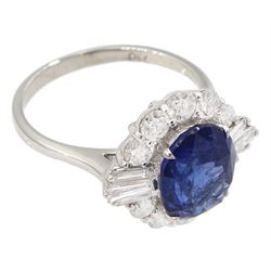 18ct white gold oval sapphire and tapered baguette diamond cluster ring, stamped 750, sapphire 3.63 carat, total diamond weight 0.98 carat, with World Gemological Institute Report