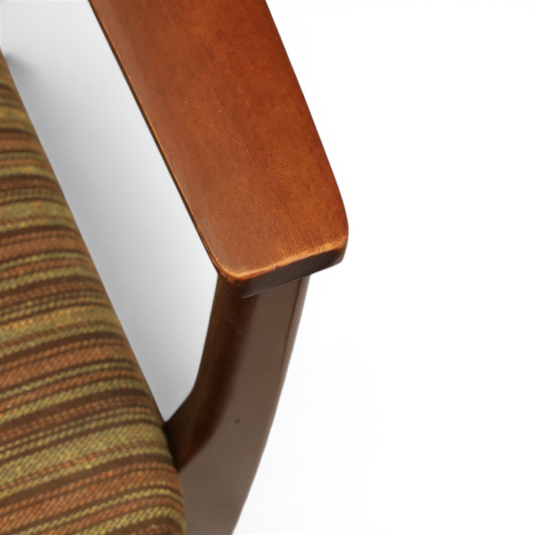 Parker Knoll - 'PK 988' open armchair, with teak frame, upholstered in a striped fabric, raised on tapering supports, the loose seat cushion supported on elasticated webbing 