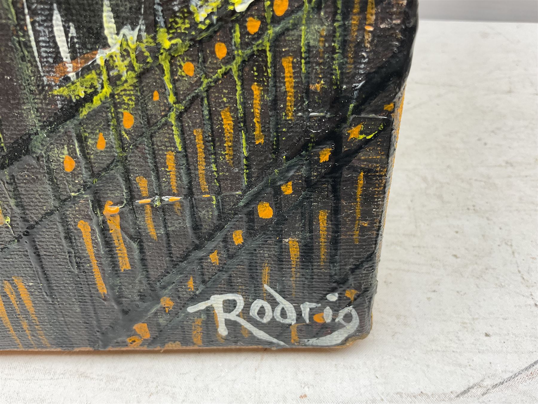 Alvaro Rodriguez (Spanish Contemporary): Aerial View of the Thames at London, impasto oil on canvas signed, artist's address card verso 76cm x 46cm