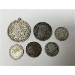 Great British and World coins, including George I 1723 farthing, Queen Victoria 1875 halfcrown, King George V one shilling, pre decimal coinage, commemorative crowns, United States of America 1921 Morgan dollar with soldered loop attached etc