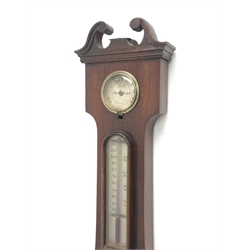 Early 19th century mahogany five dial banjo barometer, swan neck pediment above damp/dry dial and thermometer, silvered engraved register, H107cm