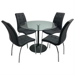 Circular glass and metal pedestal table, together with four high back grey chairs 
