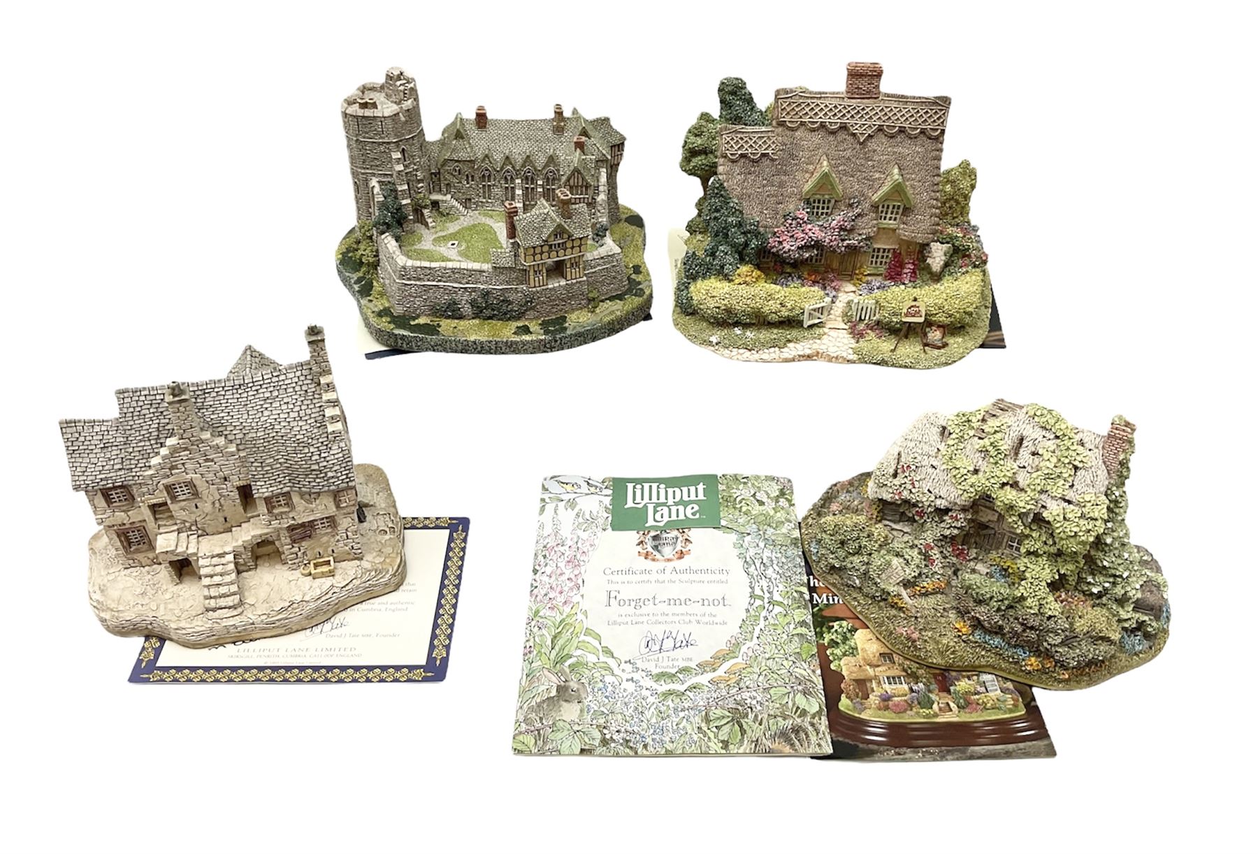 Four limited edition Lilliput Lane cottages, comprising Stockwell Tenement from the Scottish collection, Forget-Me-Not, Cotman Cottage and Stokesay Castle, all boxed with deeds