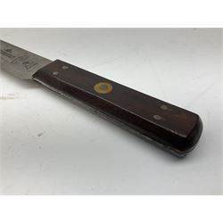 George V Air Ministry knife the 13.5cm steel blade by Harrison Bros & Howson and marked AM 44/88 with two-piece hardwood grip; in leather sheath L27cm overall
