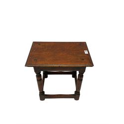 Oak coffin or joint stool, rectangular top with shaped edge over splayed turned supports with stretcher base 