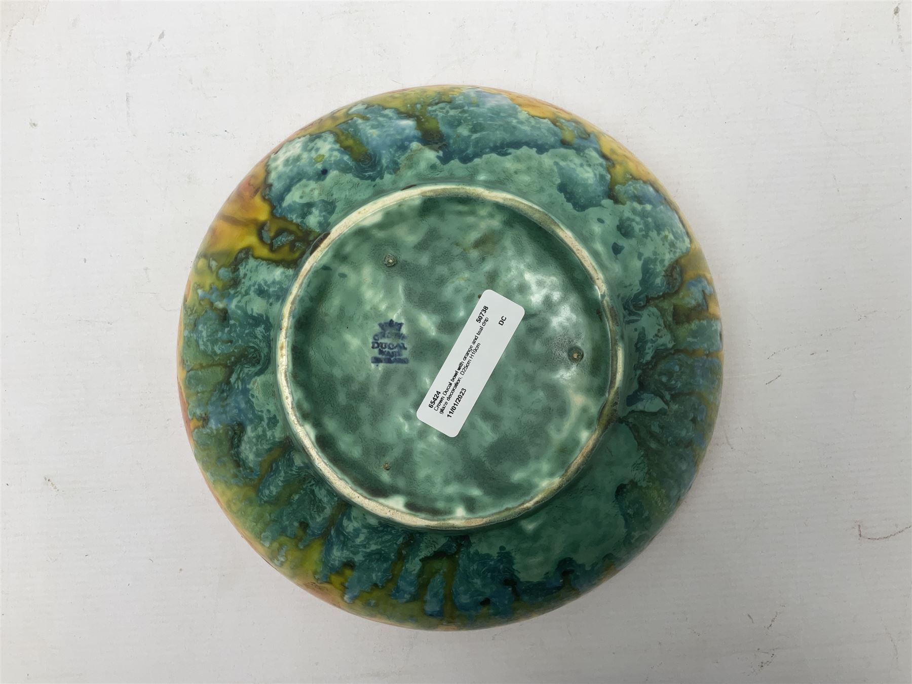 Crown Ducal bowl with orange and teal drip glaze decoration, D25cm H10cm