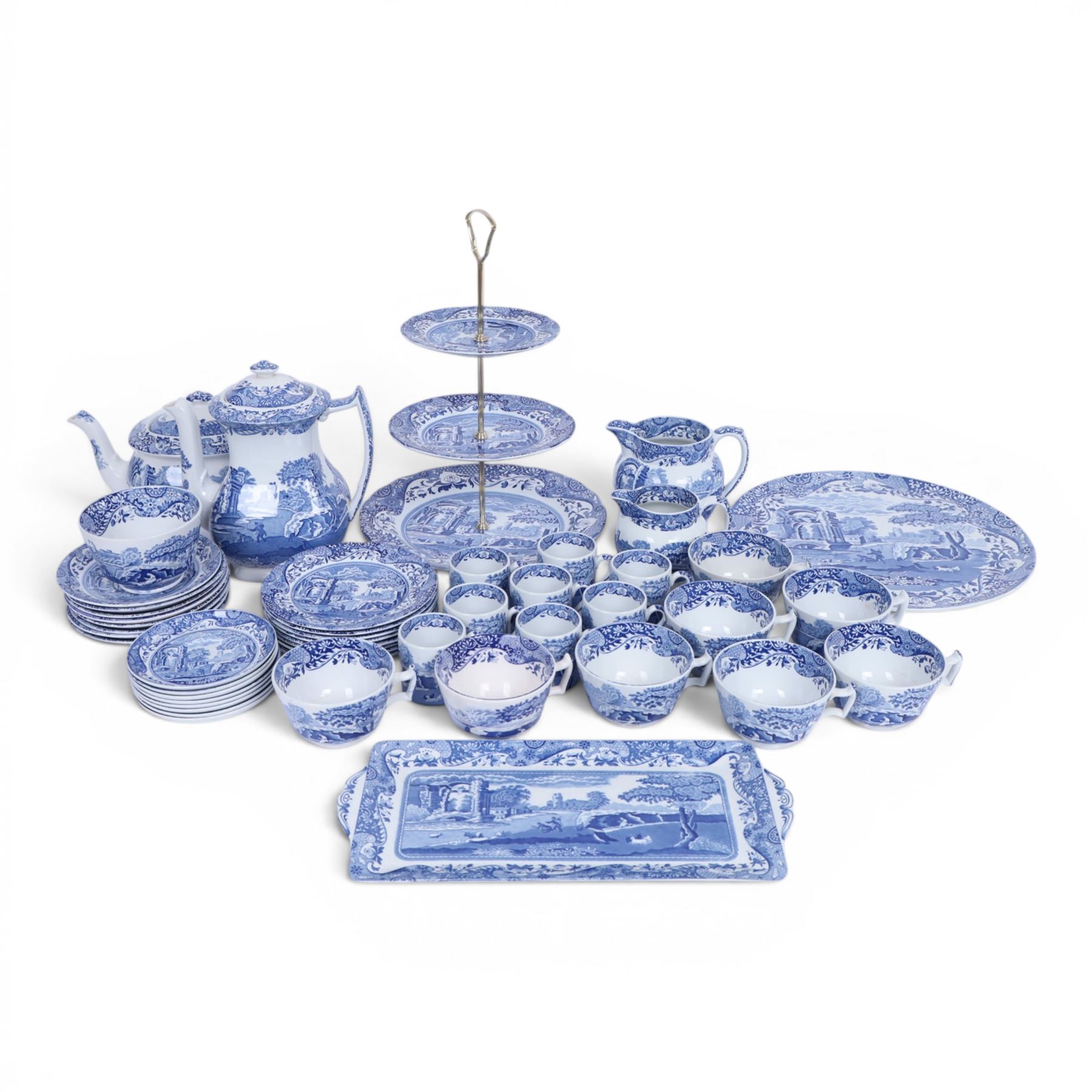 Spode Italian pattern tea and coffer service for eight place settings, comprising teapot, coffee pot, milk jug, cream jug, open sucrier, sandwich plate, cake plate, cake stand, side plates, teacups and saucers, coffee cans and saucers