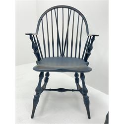 D.R. Dimes Furniture - set six American Windsor dining chairs, hoop and stick back on dished saddle seats, turned supports jointed by H stretchers, stamped underneath 'D.R.Dimes', two carvers and four side chairs