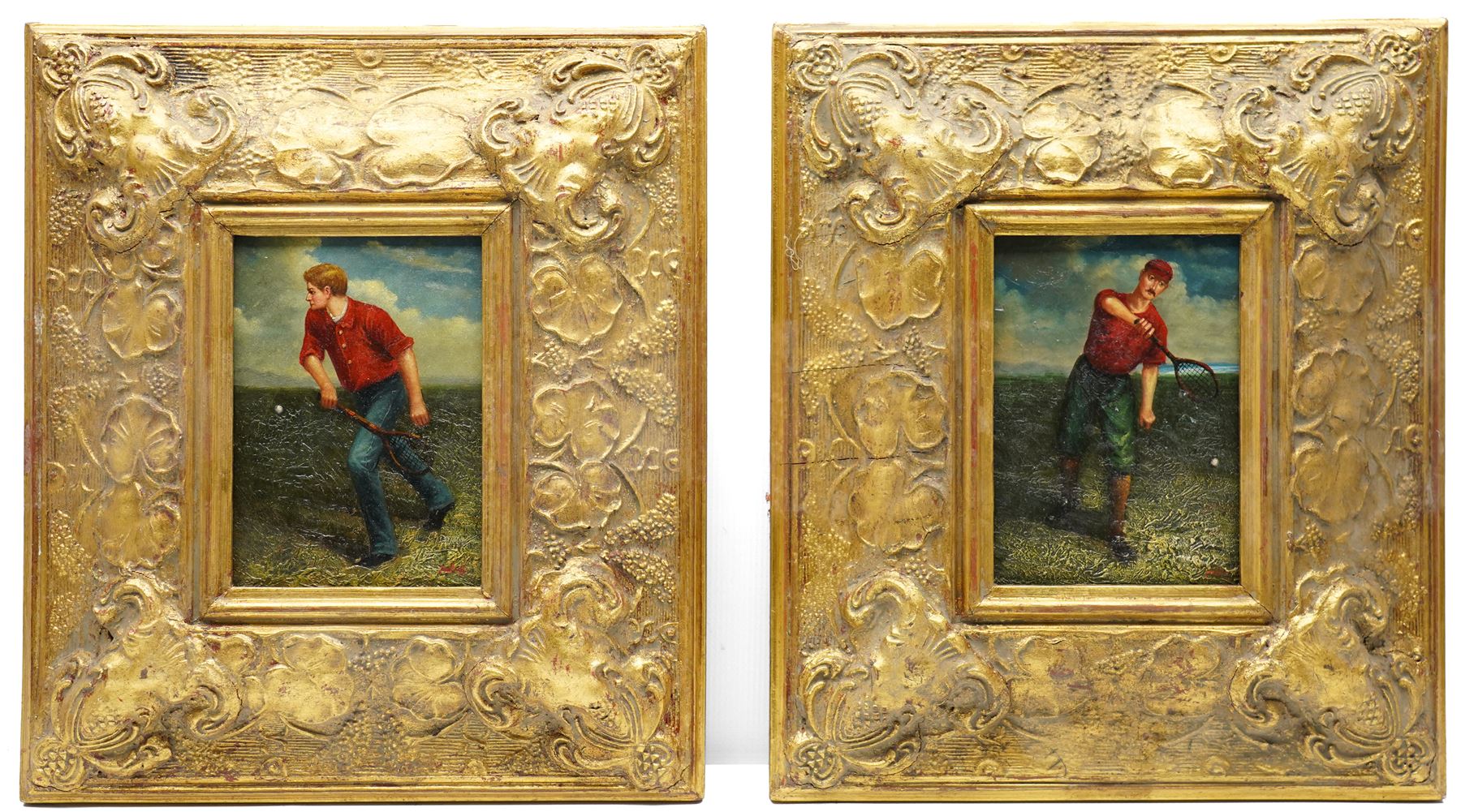 After Anton Maria Mucchi Vignoli (Italian 1871-1945): Two Gentleman Playing Tennis, 20th century oil wood panel indistinctly signed 16cm x 11.5cm (2)