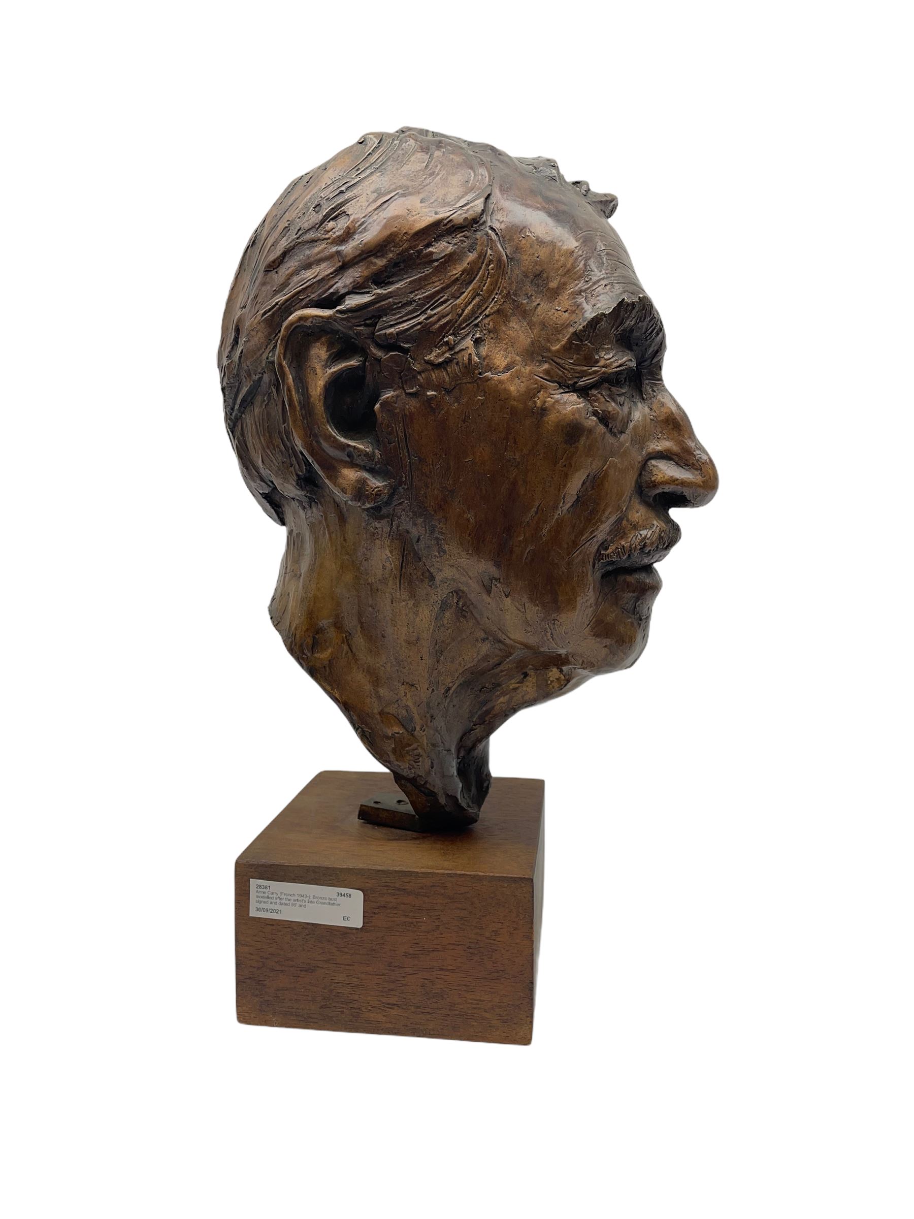 Anne Curry (French 1943-): Bronze bust modelled after the artist's late Grandfather, signed and dated '95 and numbered 1/5 on square wooden plinth, H41cm overall. Provenance: This piece was a gift from the artist's father to the vendors late mother in law. The portrait depicts the artist's late Grandfather who was a friend of the family