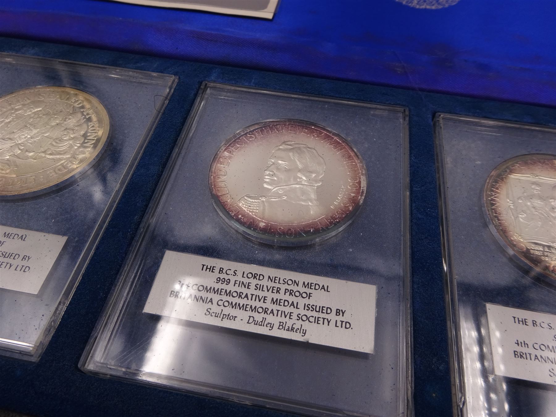 British Commemorative Society Ltd, set of six commemorative .999 fine silver proof medals, no. 1 to 6 , to include the William Medal, The Magna Carta Medal, The Lord Nelson Medal, The Canadian Centenary Medal, The Churchill Memorial Medal and The William Shakespeare Medal, each contained within clear perspex cases, in a silk lined fitted case